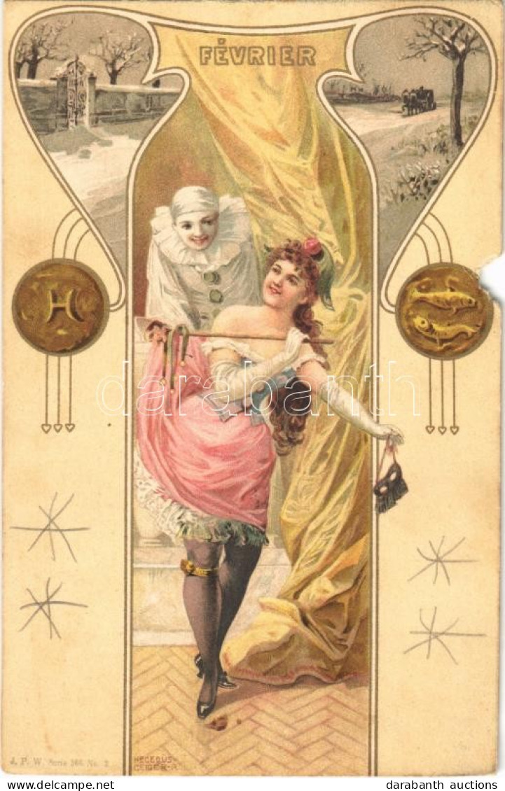 * T4 Fevrier / February. Art Nouveau Art Postcard With Clown. J.P.W. Serie 566. No. 2. Litho S: Hegedűs-Geiger R. (b) - Non Classificati