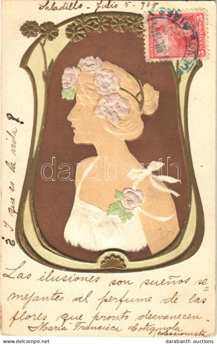 T4 1905 Art Nouveau Lady Emb. Litho (lyuk / Pinhole) - Ohne Zuordnung