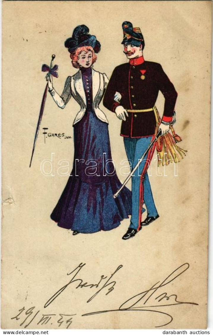 T3 1899 Romantic Couple, K.u.K. Military Officer With Lady. Litho S: F. Gareis Jun. (kis Szakadás / Small Tear) - Sin Clasificación