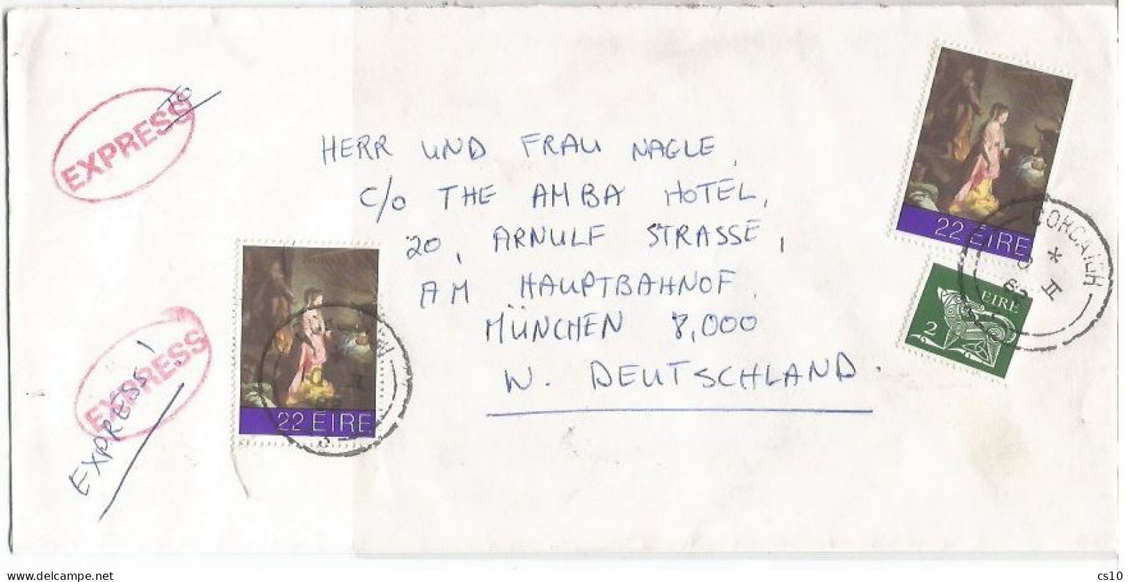 Eire Express CV Cork City 10feb1982 To Germany Munchen Flughafen 11feb (back) With Xmas P.22x2 + P.2 Regular - Covers & Documents