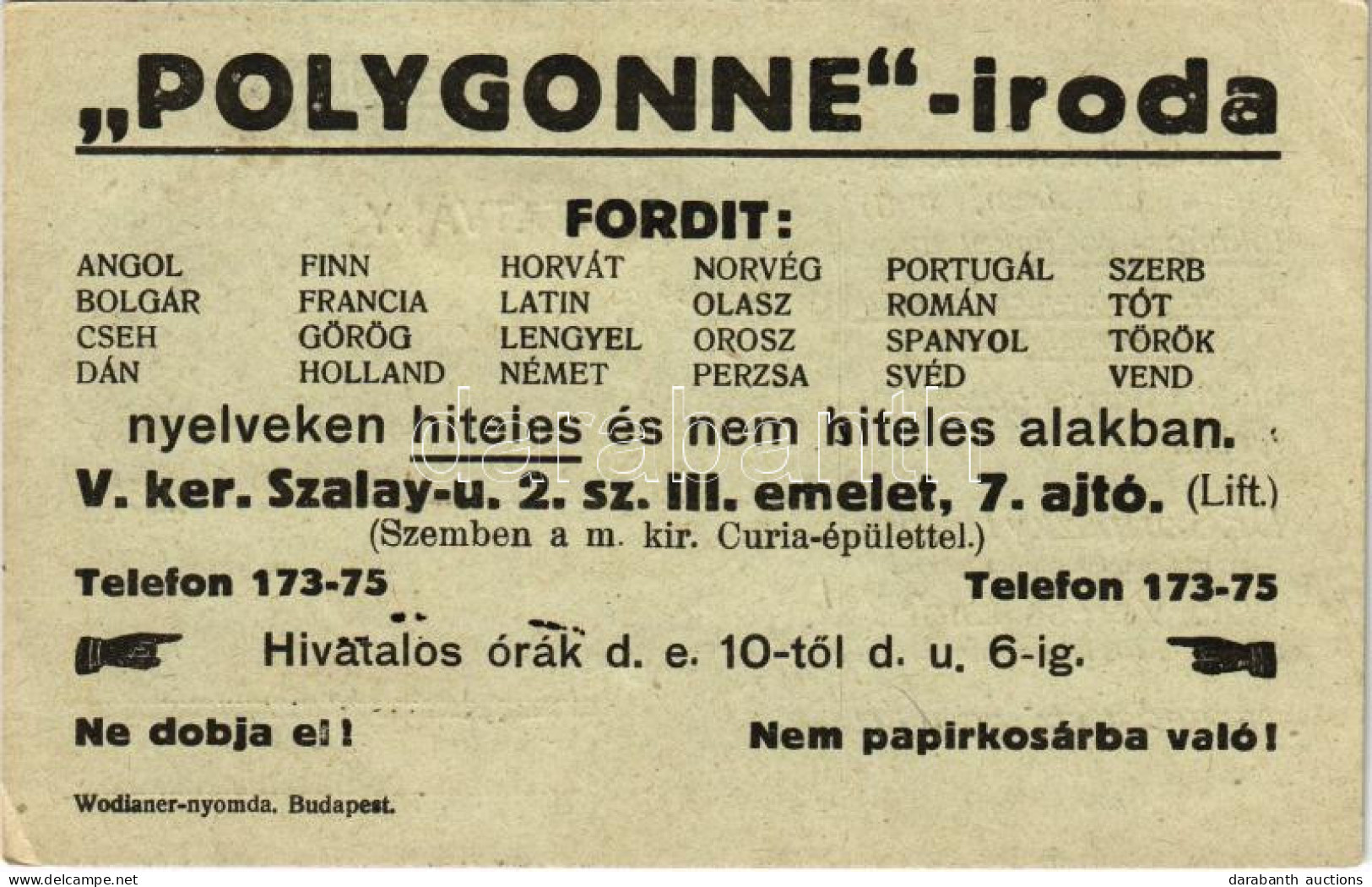 T4 1923 Polygonne Tolmács Iroda Reklámlapja. Budapest V. Szalay Utca 2. Sz. III. Emelet 7. Ajtó / Hungarian Translation  - Unclassified