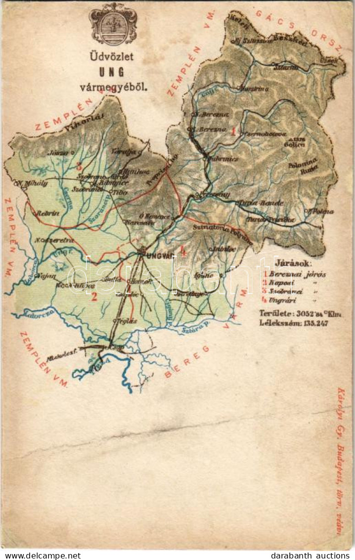 * T4 Ung Vármegye Térképe. Kiadja Károlyi Gy. / Uzská Zupa / Map Of Ung County (r) - Ohne Zuordnung