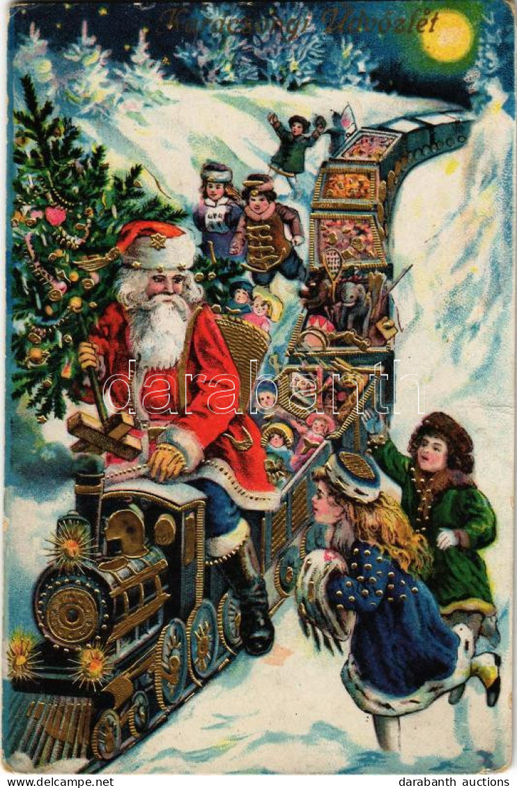 ** T3 Karácsonyi üdvözlet / Christmas Greeting Art Postcard With Saint Nicholas And Train (EB) - Ohne Zuordnung