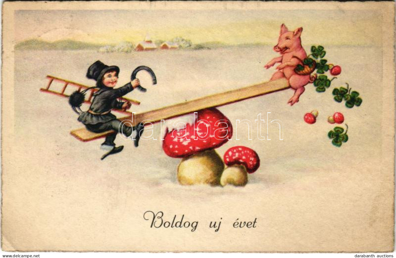 T2/T3 1937 Boldog Újévet / New Year Greeting Art Postcard With Chimney Sweeper And Pig On A Seesaw, Horseshoe, Mushrooms - Unclassified