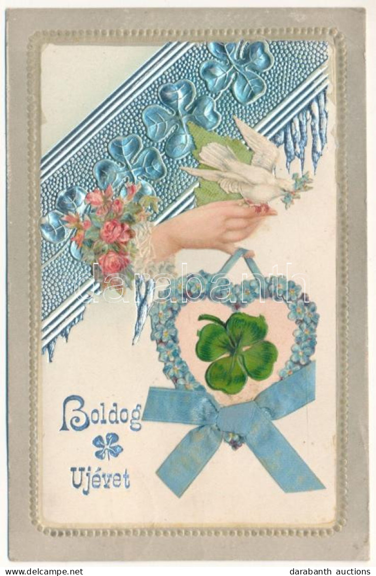 T2/T3 1909 Boldog újévet! Szecessziós Dombornyomott Rátétes üdvözlő Képeslap / New Year Greeting. Art Nouveau, Embossed  - Non Classés