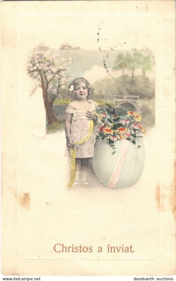 T3 1912 Christos A Inviat / Romanian Easter Greeting Card, Girl With Egg (EB) - Unclassified