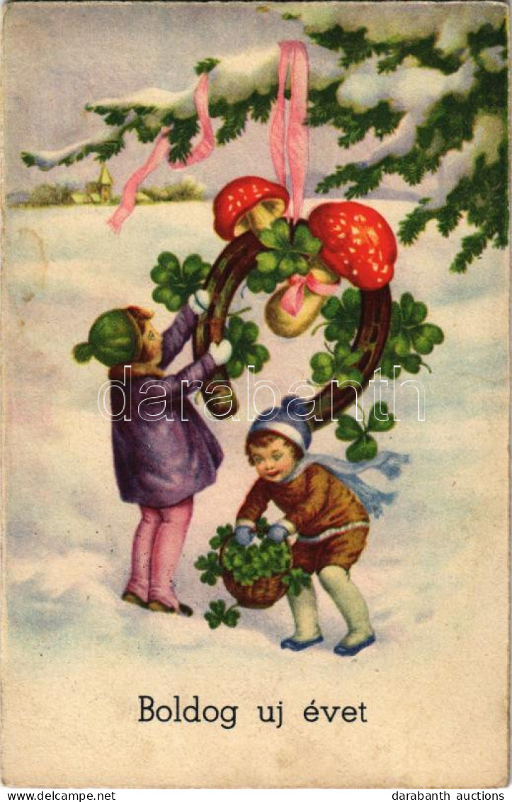 * T2/T3 Boldog Újévet / New Year Greeting Art Postcard With Mushroom, Horseshoe And Clovers (fl) - Non Classés