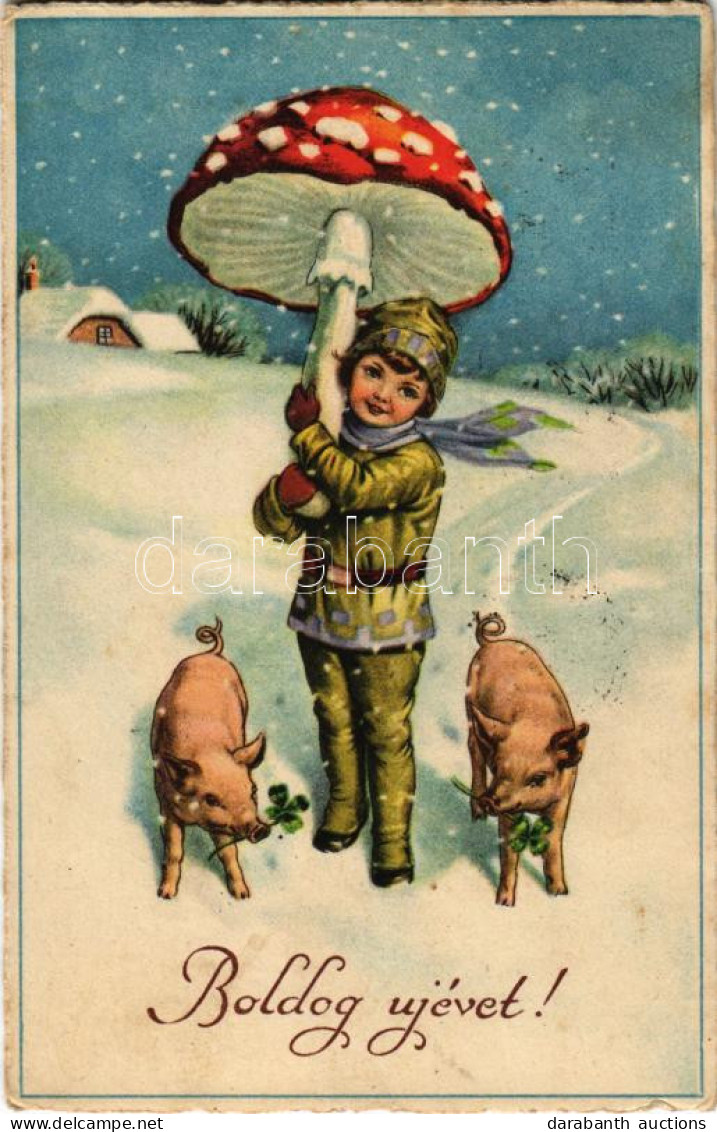 T2/T3 1931 Boldog Újévet / New Year Greeting Art Postcard With Pigs, Mushroom And Clovers (fl) - Non Classés