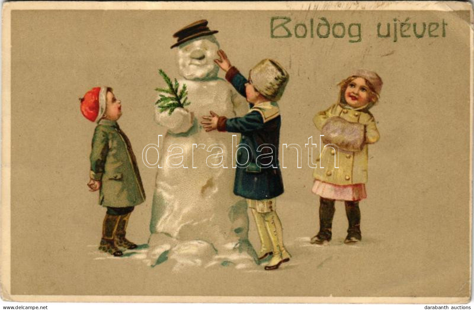 ** T2/T3 Boldog Újévet / New Year Greeting Art Postcard With Snowman (EK) - Unclassified