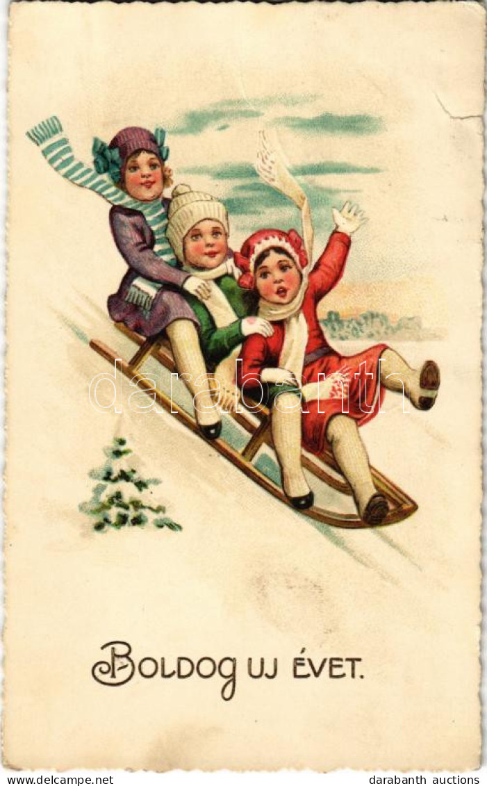 * T3 1923 Boldog Újévet / New Year Greeting Art Postcard With Sled, Winter Sport (Rb) - Non Classés