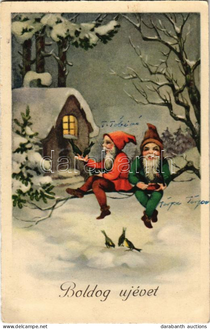 T3 Boldog Újévet / New Year Greeting Art Postcard With Dwarves (EB) - Unclassified