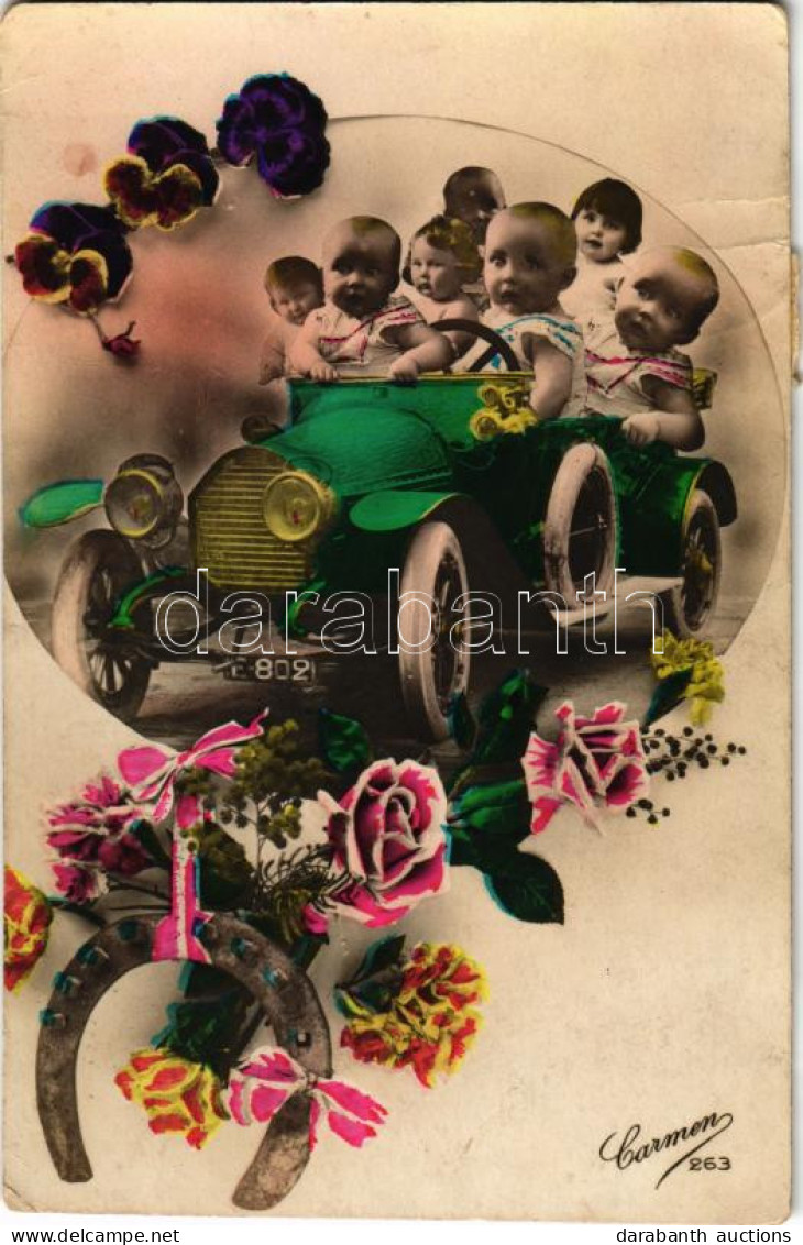 T2/T3 1930 Üdvözlőlap Autóban ülő Kisgyerekekkel / Greetings With Babies In Automobile (EK) - Unclassified
