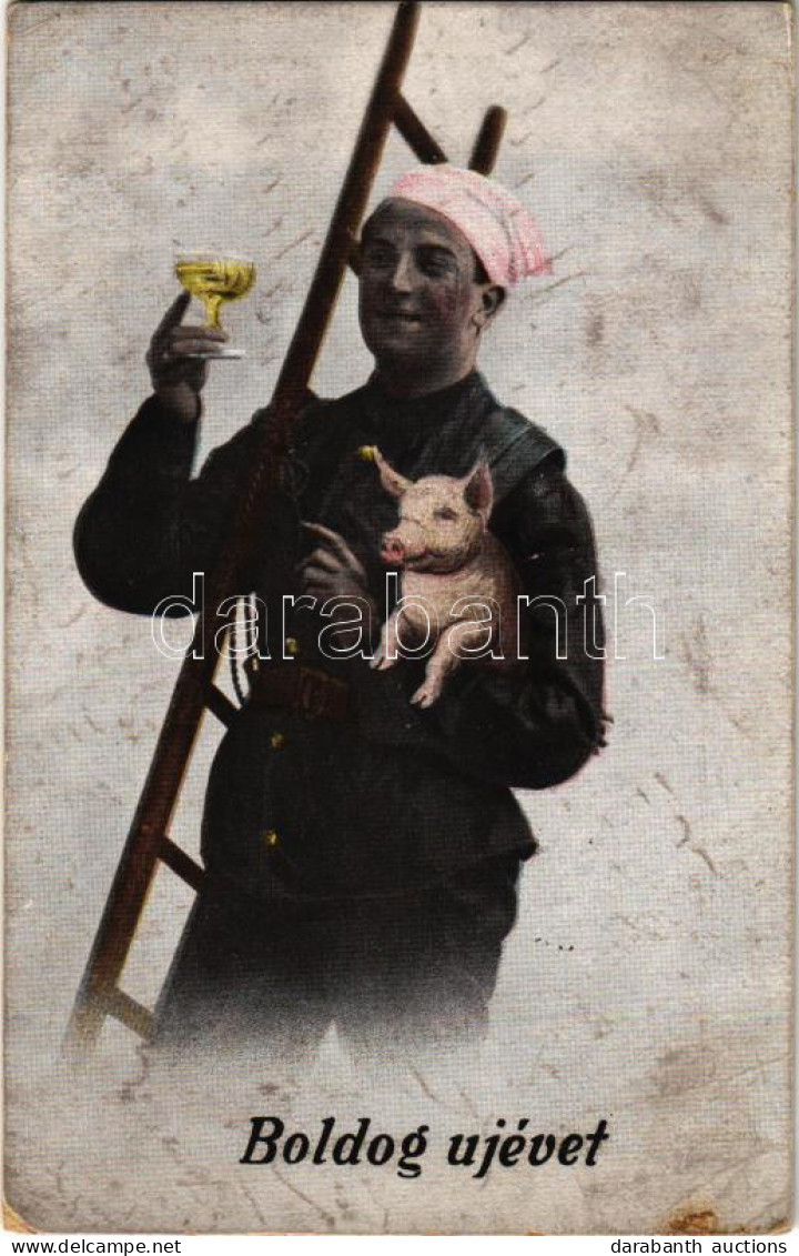 T3 1923 Boldog Újévet / New Year Greeting Art Postcard With Chimney Sweeper And Pig (kopott Sarkak / Worn Corners) - Non Classificati