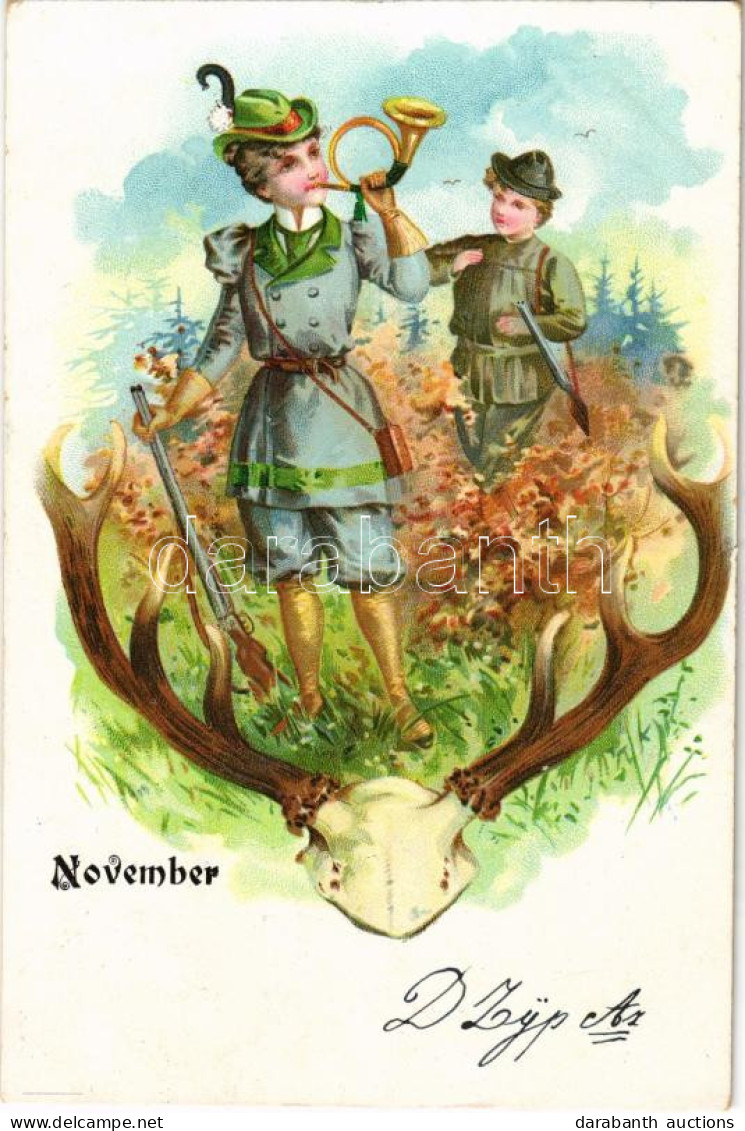 T2/T3 November / Hunter Lady With Horn And Rifle. Litho (EK) - Non Classificati