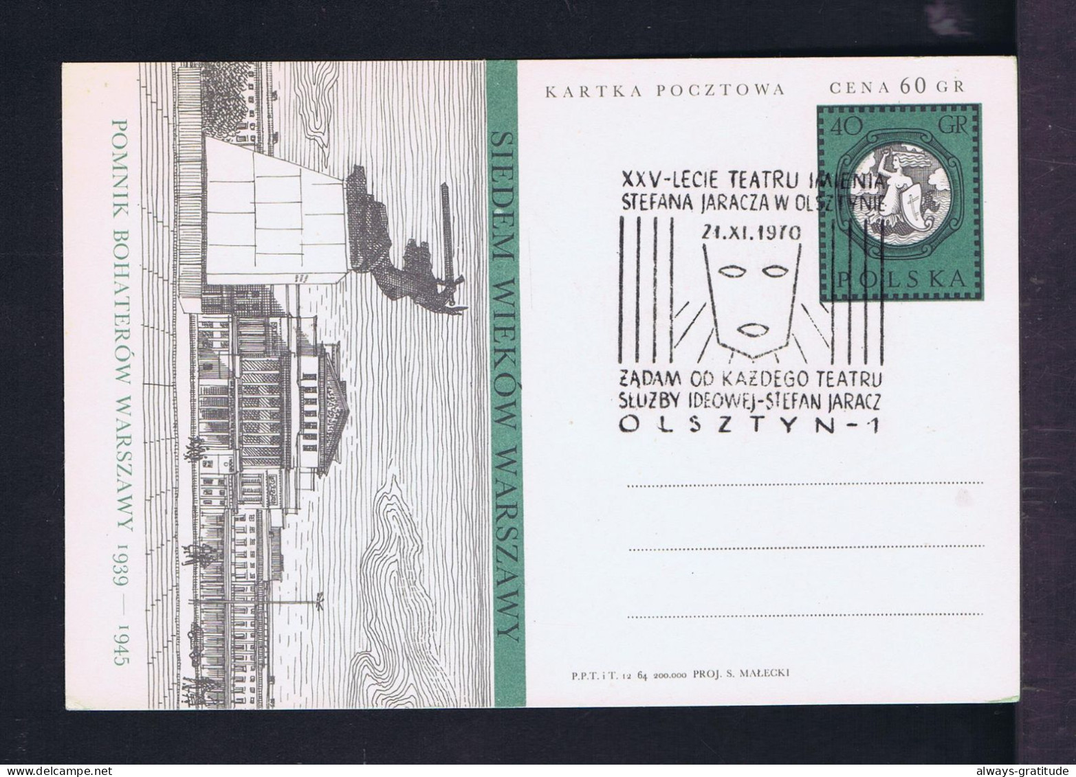 Sp10340 POLOGNE Postal Stationery Arts Theatre "25 Ann. Stefan Jaracz In OLSZTYN-1" - Teatro