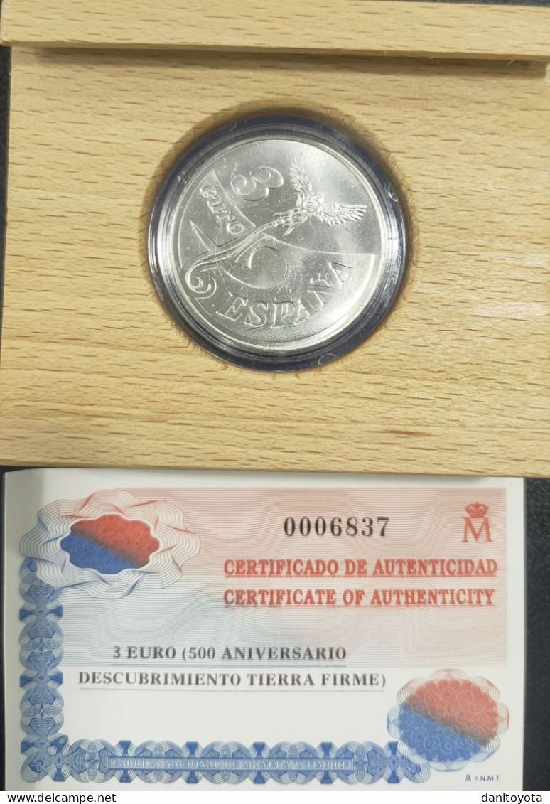 ESPAÑA. AÑO 1998. 3 EUROS PLATA. 500 ANIVERSARIO DESCUBRIMIENTO TIERRA FIRME. PESO 20 GR - Otros & Sin Clasificación