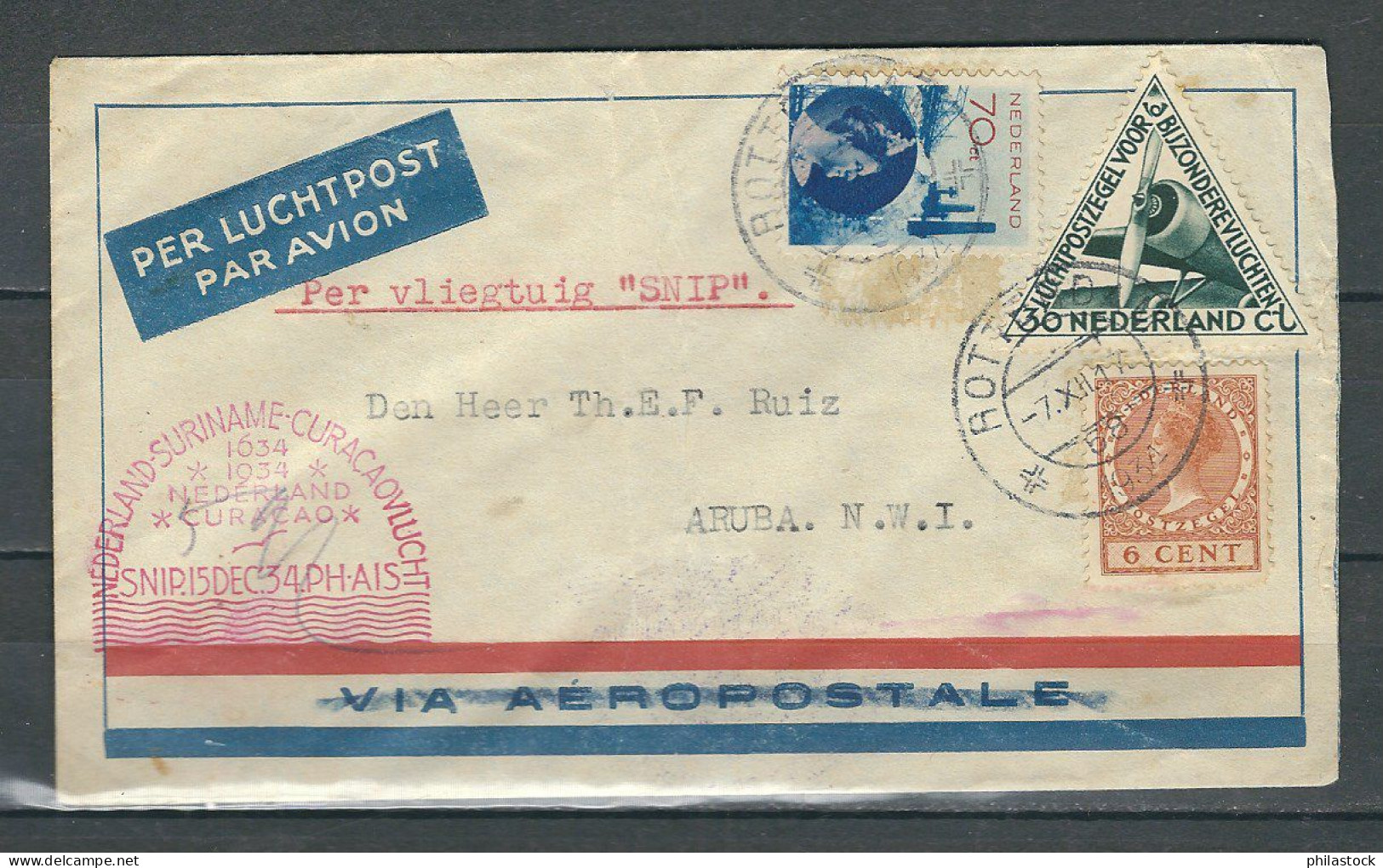 PAYS-BAS 07/12/1934 PA Pays-Bas/Curaçao Cachet Spécial SNIP. PH-AIS-22 Au Verso - Poste Aérienne