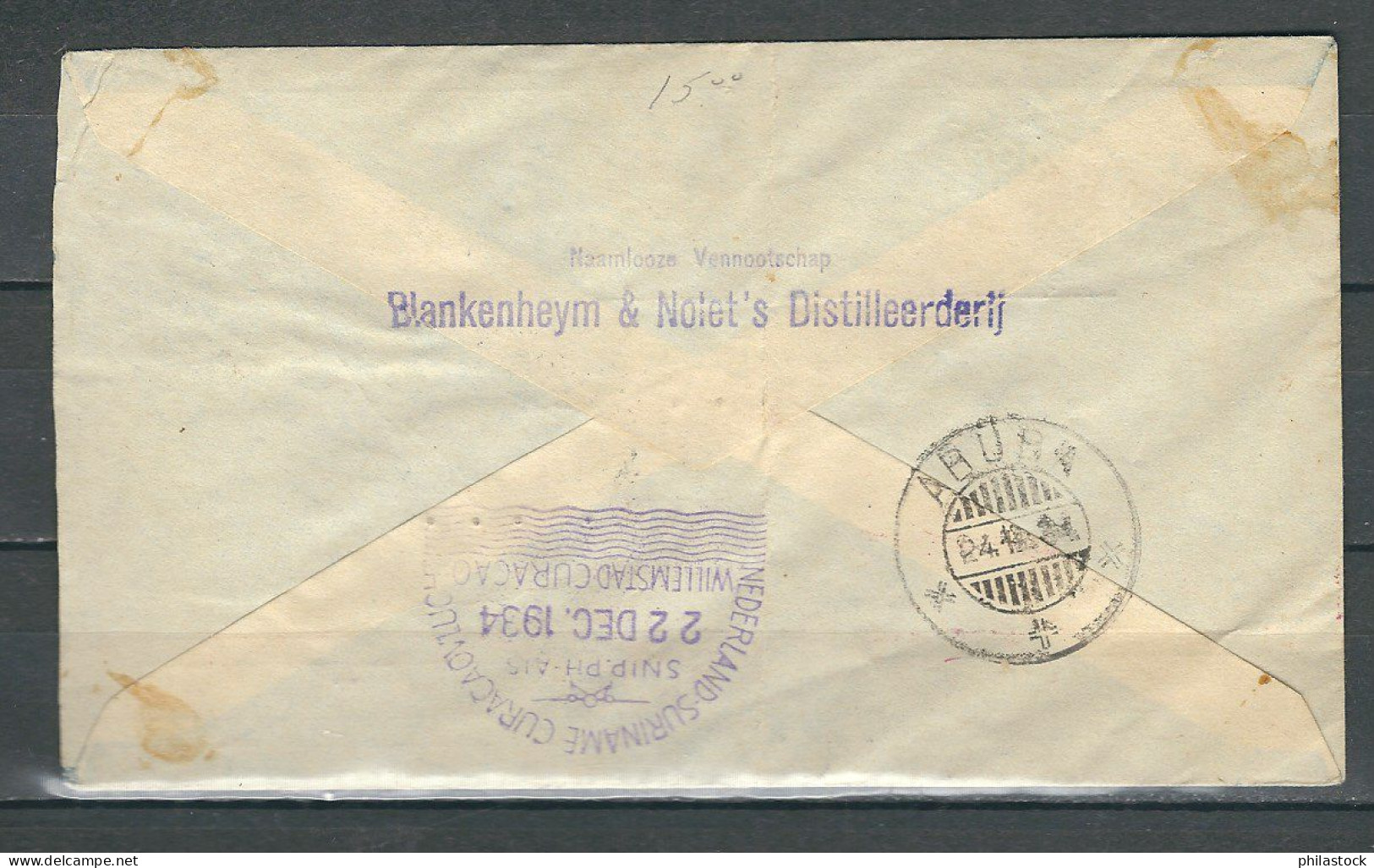 PAYS-BAS 07/12/1934 PA Pays-Bas/Curaçao Cachet Spécial SNIP. PH-AIS-22 Au Verso - Poste Aérienne