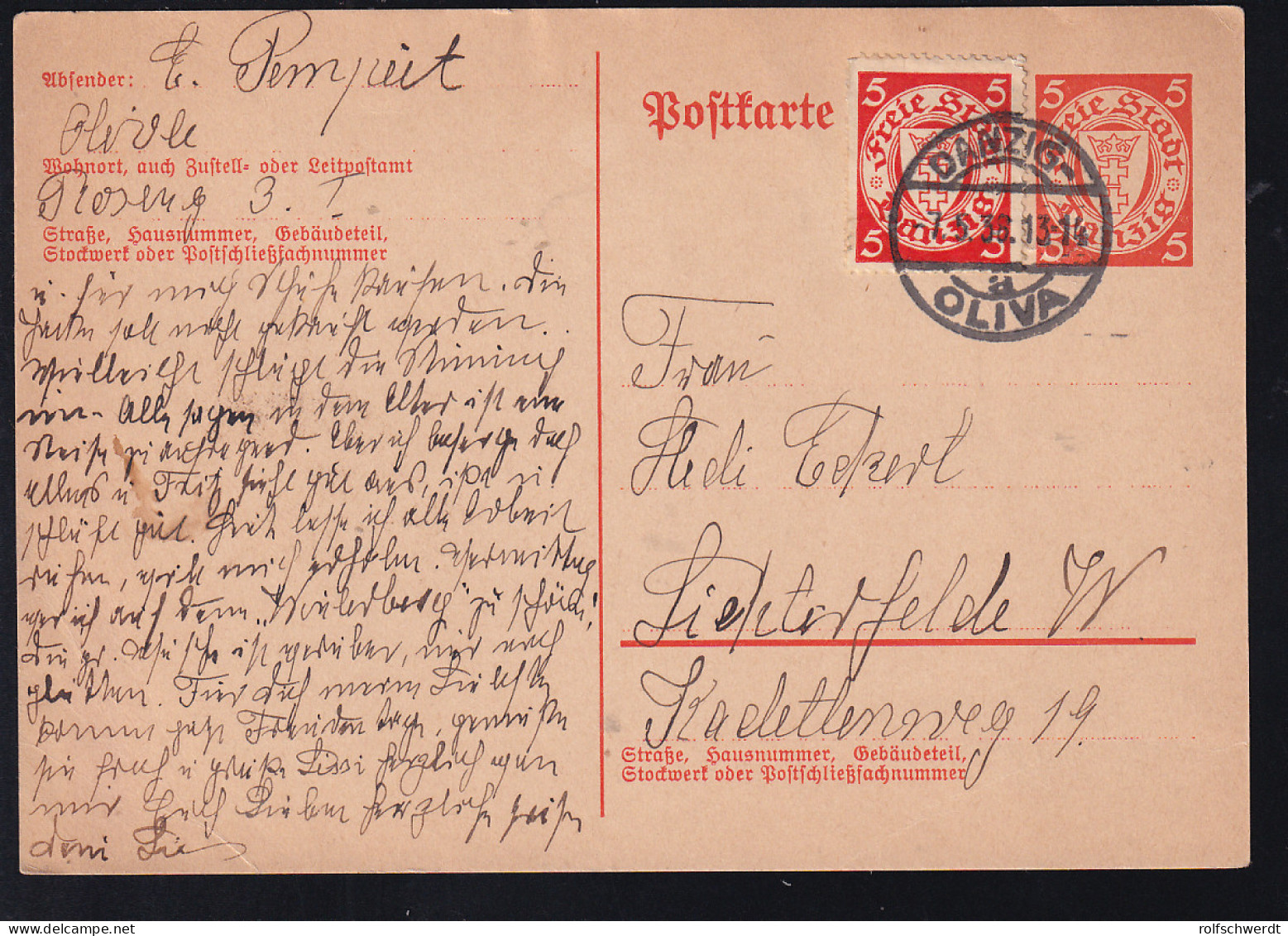 Wappen 5 Pfg. Mit Zusatzfrankatur Mit Stempel DANZIG-OLIVA A 7.5.36 Nach Lichterfelde - Postal  Stationery