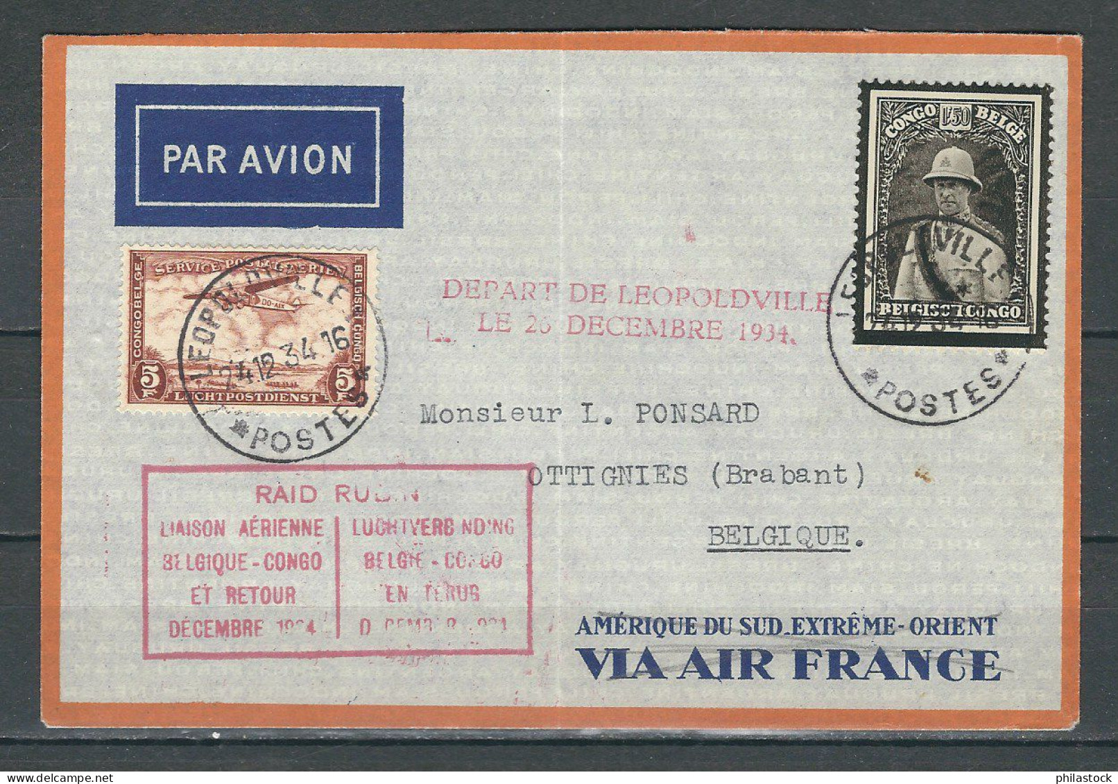 CONGO BELGE 26/12/1934 Raid Par Rubin Belgique /Congo Et Retour Sur Enveloppe - Briefe U. Dokumente