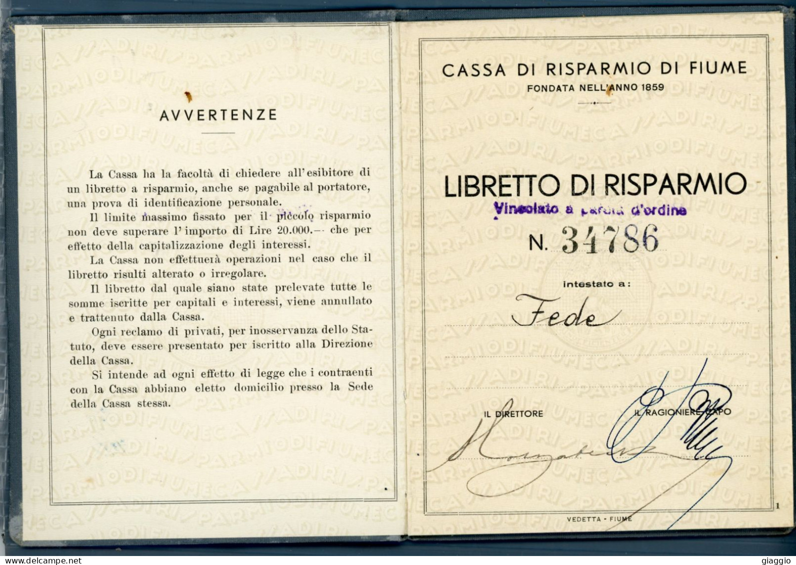 °°° Libretto N. 5654 - Cassa Di Risparmio Di Fiume °°° - Banken