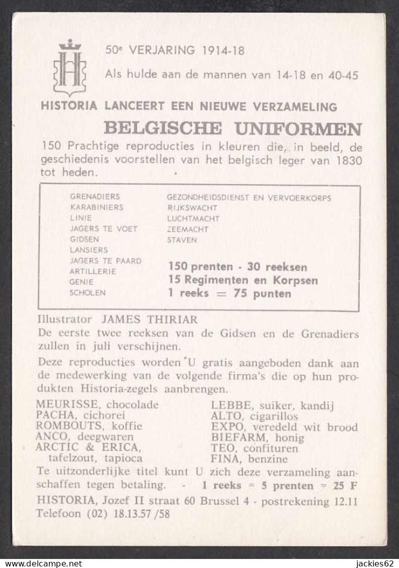 130112/ Historia, 50e. Verjaring 1914-18, Verzameling *Belgische Uniformes*, Illustrator J. THIRIAR - Artis Historia