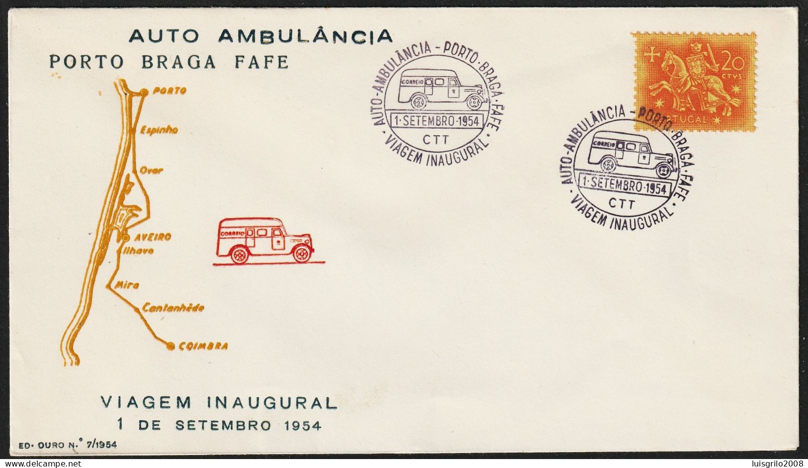 Marcofilia - AUTO-AMBULÂNCIA - PORTO.BRAGA.FAFE -|- Cover - 1954 - Postmark Collection