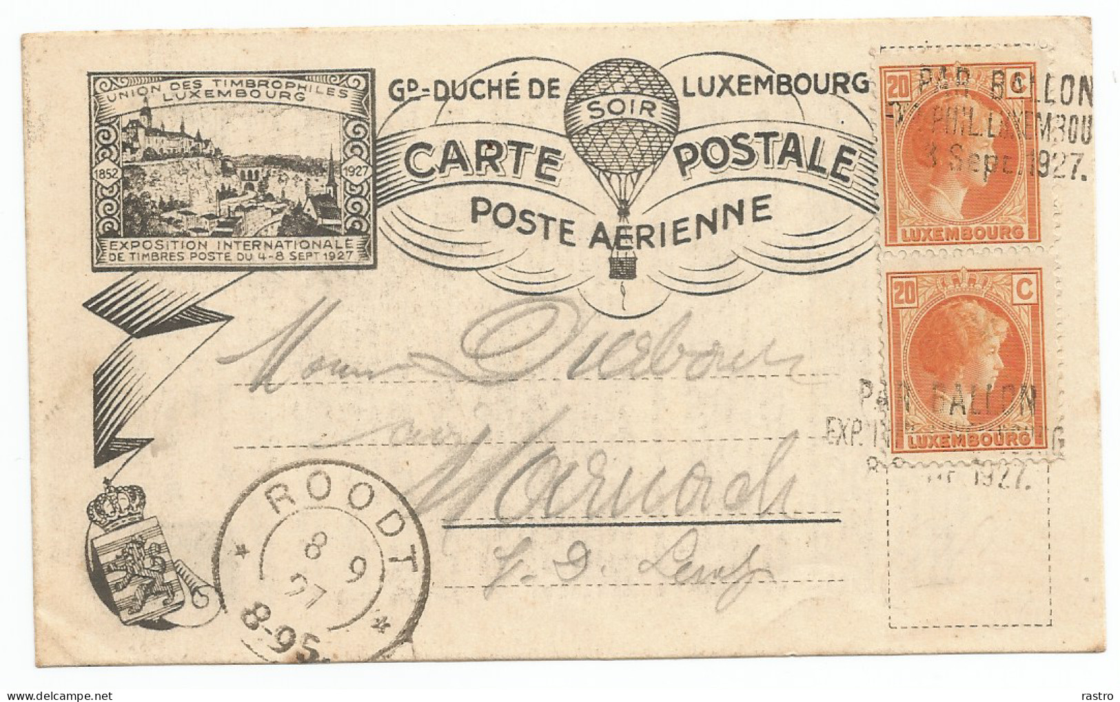 Vol Par Ballon Luxembourg-Roodt 1927 Affranchi Avec Paire Verticale Du N°166 (20c Orange) - Lettres & Documents