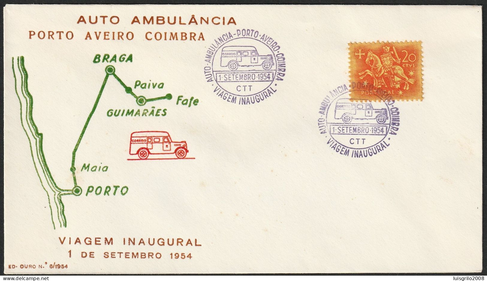 Marcofilia - AUTO-AMBULÂNCIA - PORTO.AVEIRO.COIMBRA -|- Cover - 1954 - Marcophilie