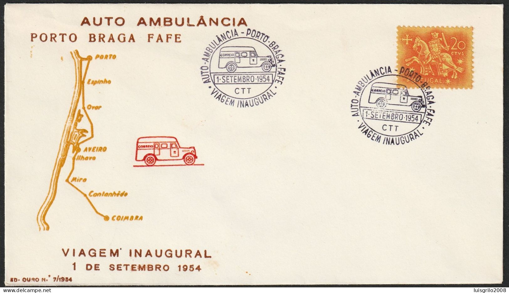 Marcofilia - AUTO-AMBULÂNCIA - PORTO.BRAGA.FAFE -|- Cover - 1954 Letras Castanhas - Marcophilie