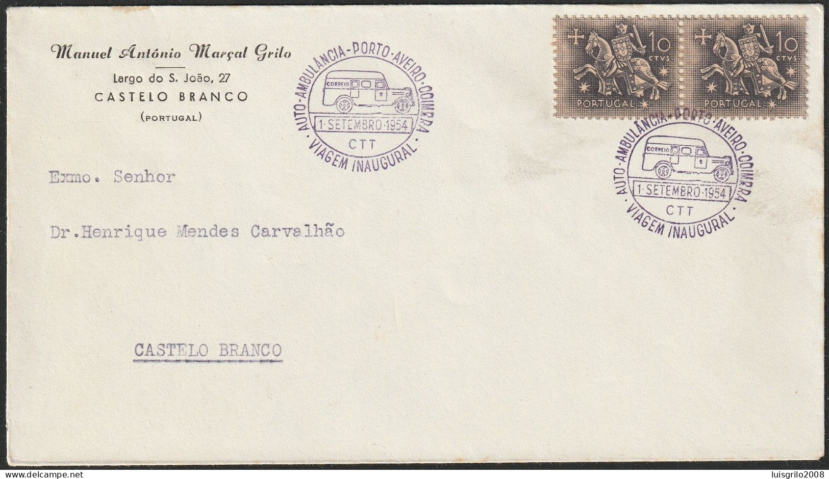 Marcofilia - AUTO-AMBULÂNCIA - PORTO-AVEIRO-COIMBRA -|- Cover - 1954 - Marcophilie