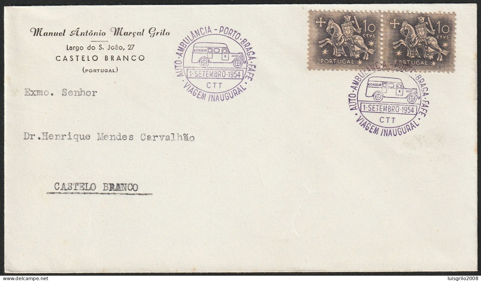 Marcofilia - AUTO-AMBULÂNCIA - PORTO-BRAGA-FAFE -|- Cover - 1954 - Storia Postale