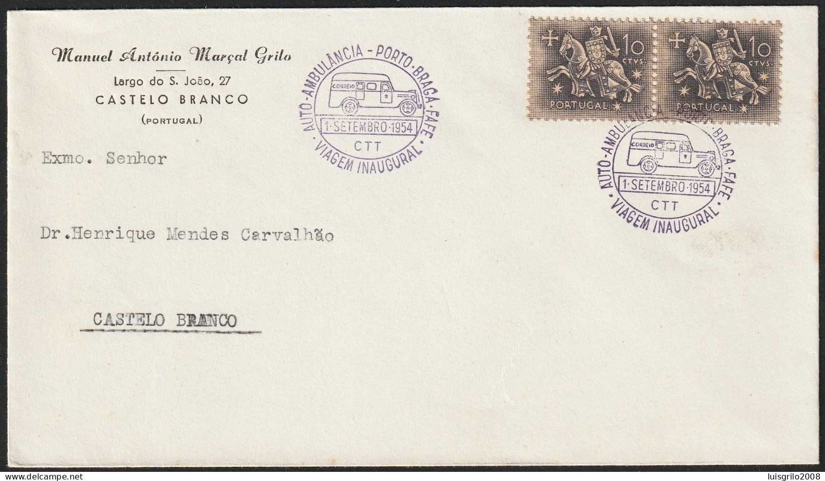 Marcofilia - AUTO-AMBULÂNCIA - PORTO-BRAGA-FAFE -|- Cover - 1954 - Marcophilie