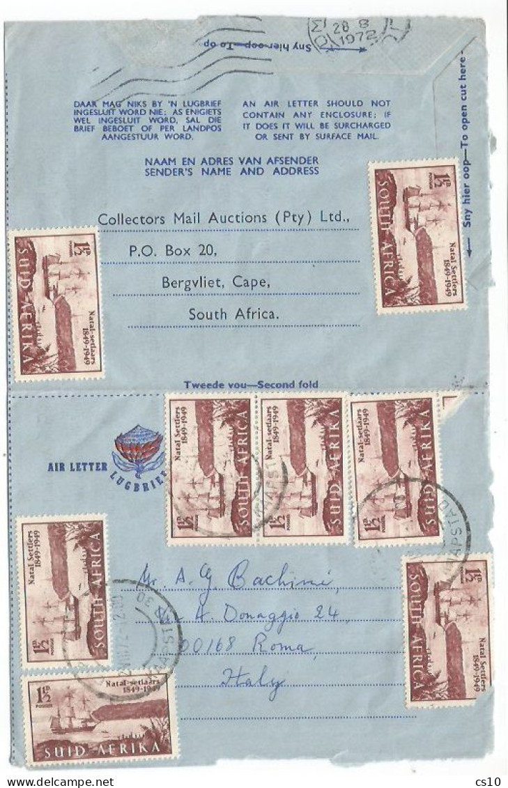 South Africa Airmail Letter Kaapstad 22aug1972 To Italy Nice Simple Franking Natal Settlers 1c5 X 8pcs - Covers & Documents