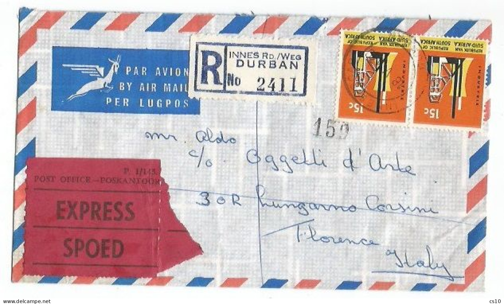 South Africa Registered Airmail Commerce Letter Durban 18may1970 X Italy With Simple Franking C.15 Industry X2pcs - Luftpost