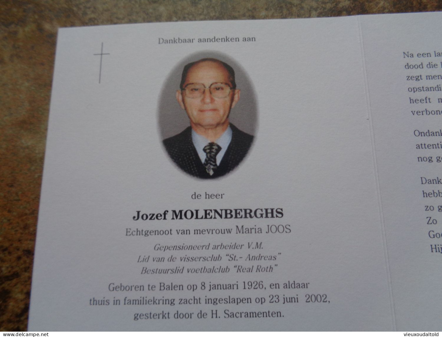 Doodsprentje/Bidprentje  Jozef MOLENBERGHS   Balen 1926-2002  (Echtg M.Joos) - Religion & Esotérisme