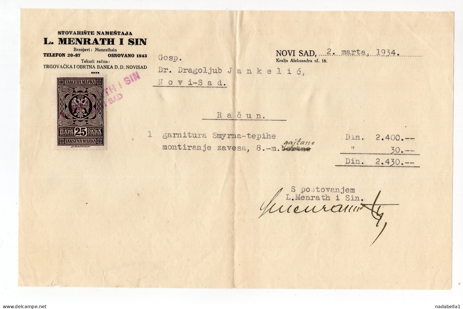 1934. KINGDOM OF YUGOSLAVIA,SERBIA,NOVI SAD,L. MENRATH & SON,FURNITURE SELLERS,INVOICE TO BELGRADE - Briefe U. Dokumente