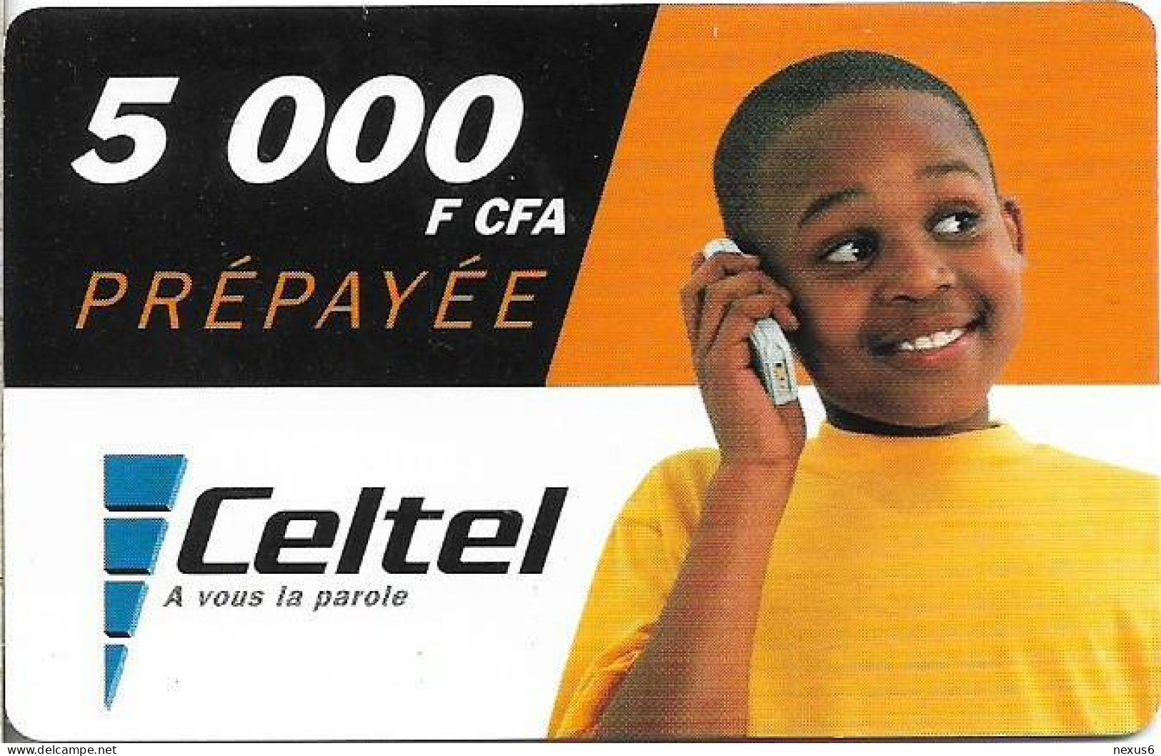 Burkina Faso - Celtel - Young Boy At The Phone, Exp.05.03.2004, GSM Refill 5.000FCFA, Used - Burkina Faso