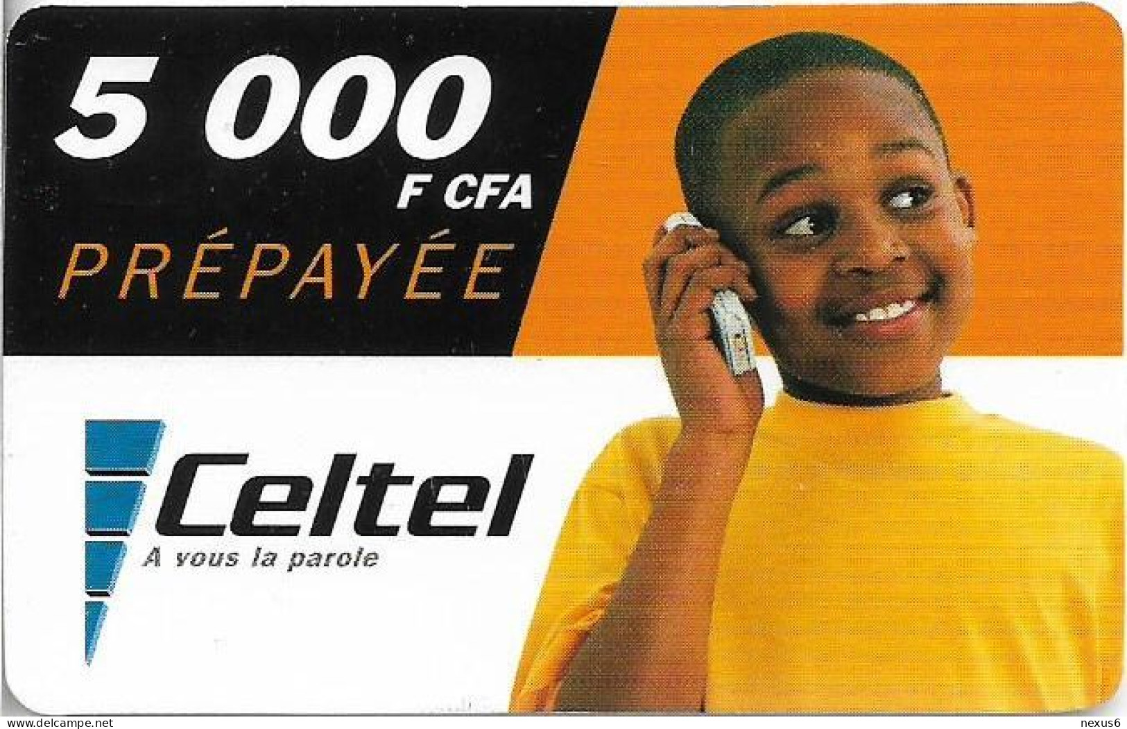 Burkina Faso - Celtel - Young Boy At The Phone, Exp.31.12.2003, GSM Refill 5.000FCFA, Used - Burkina Faso