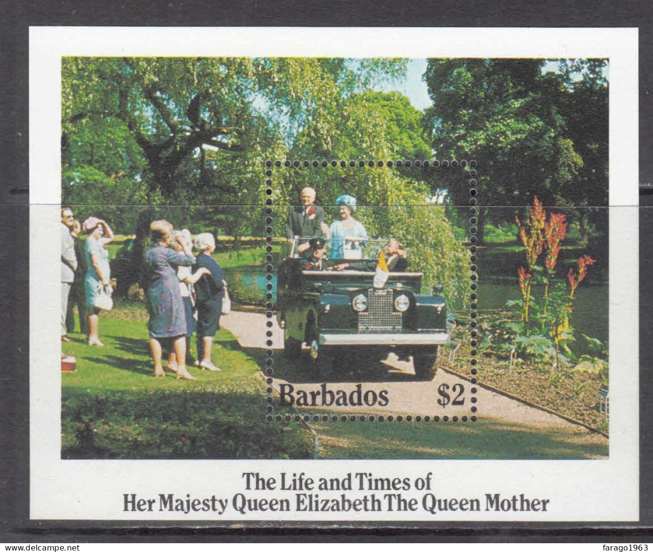 1985 Barbados Queen Mother Royalty Landrover Automobiles Souvenir Sheet    MNH - Barbados (1966-...)