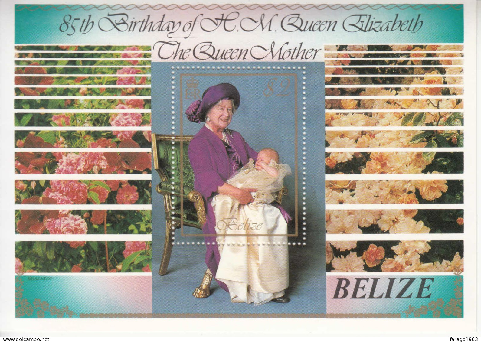 1985 Belize Queen Mother Royalty Flowers Souvenir Sheet   MNH - Belize (1973-...)