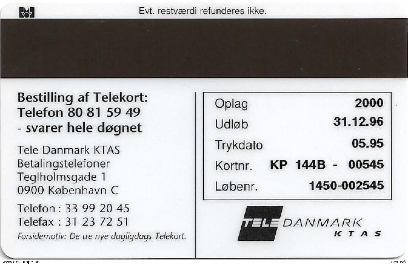 Denmark - KTAS - New Definitive Card - TDKP144B (Cn. 1450) - 05.1995, 10kr, 2.000ex, Used - Danemark