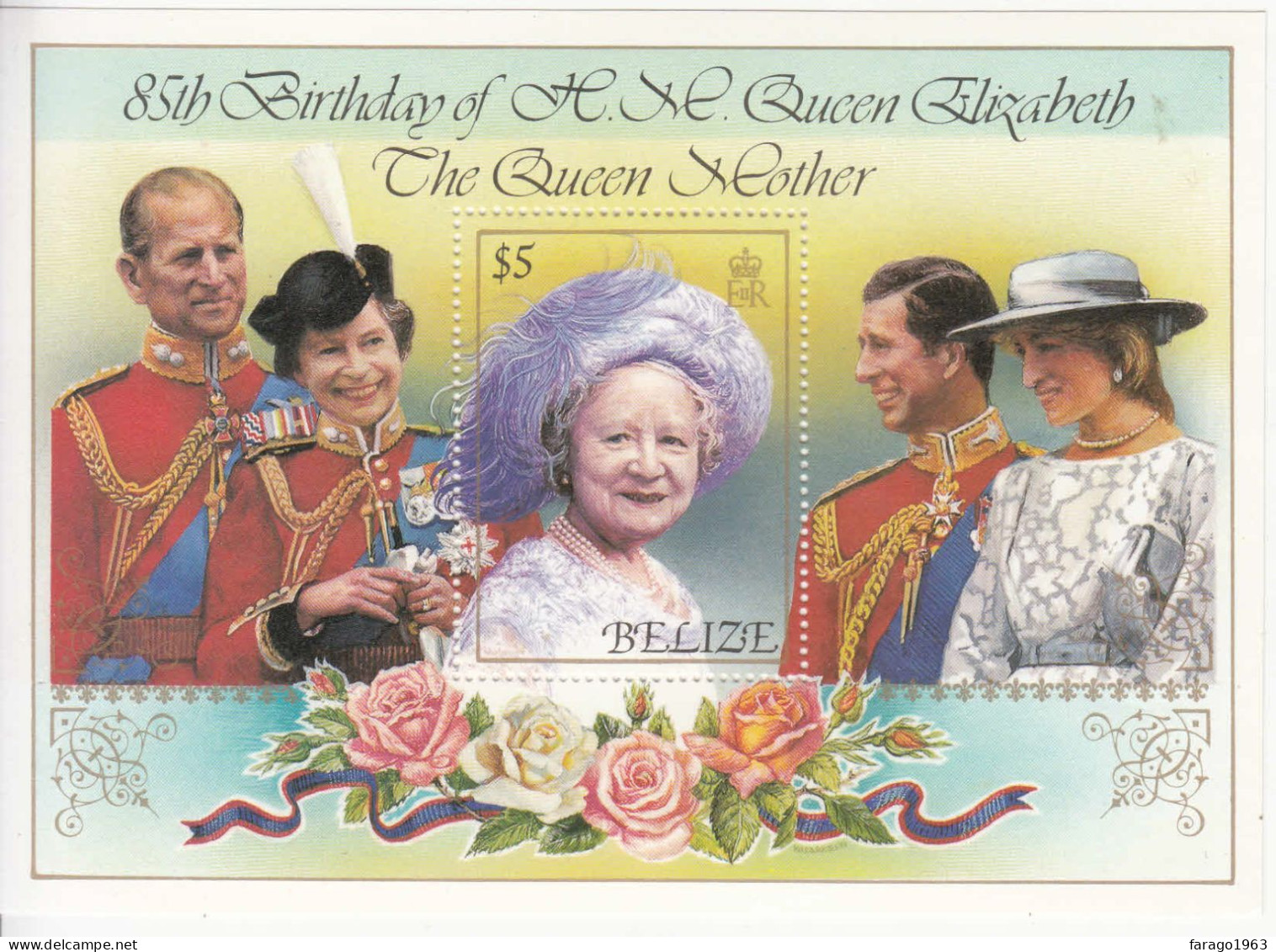 1985 Belize Queen Mother Diana  Flowers Souvenir Sheet   MNH - Belize (1973-...)