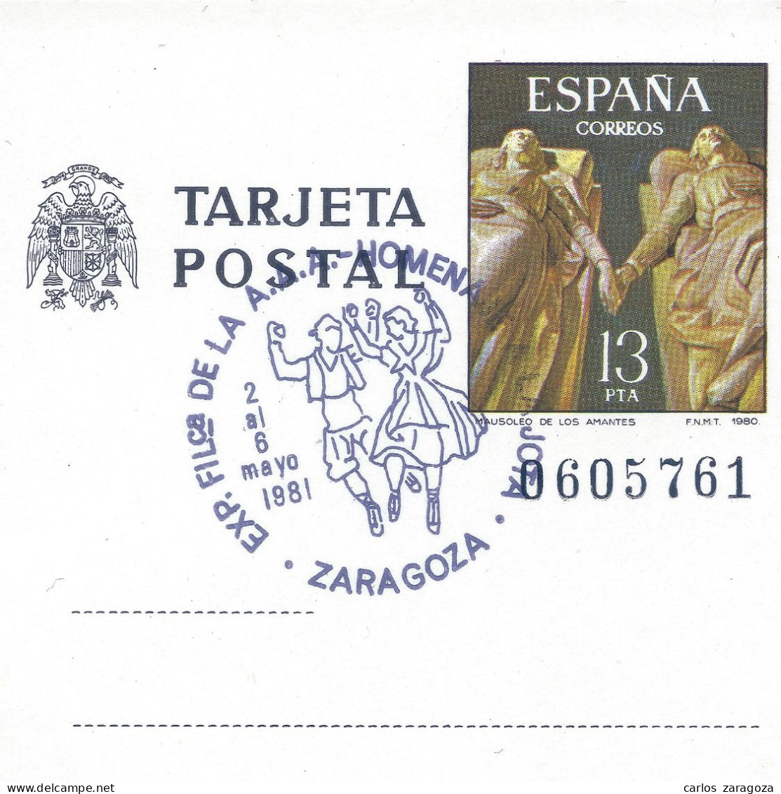 ESPAÑA 1980 Amantes De Teruel, 124—Entero Postal—Matasellos Agrupacion Artistica Aragonesa—Exposicion Filatelia - 1931-....