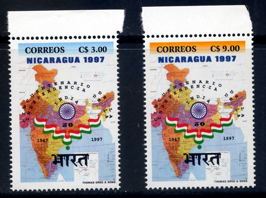Nicaragua 1998 India's Independence 50th Anniversary - Map Flag - Nicaragua