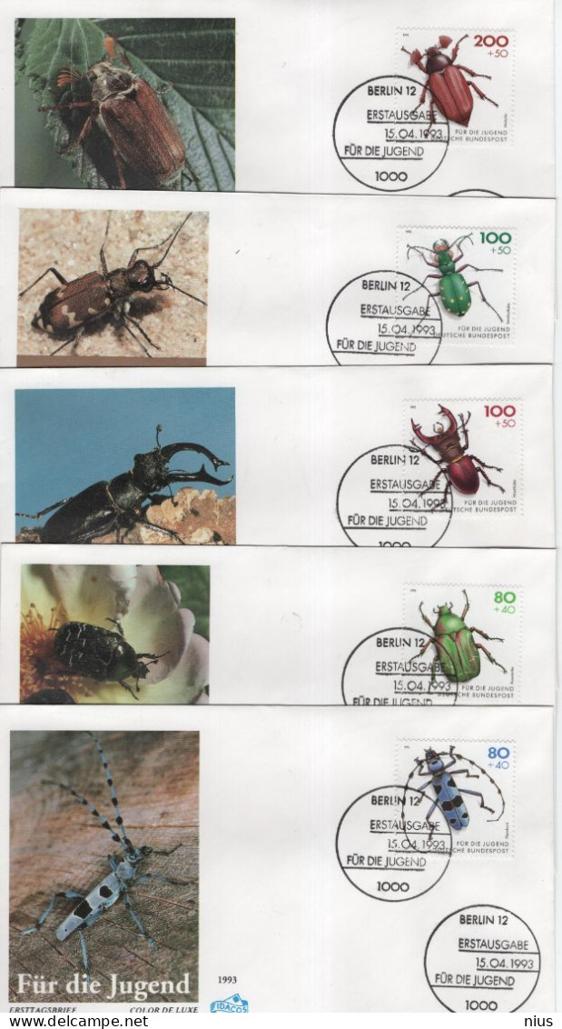 Germany Deutschland 1993 FDC X5 Fur Die Jugend, Fauna Bugs Bug Insect Insects Beetle Käfer, Canceled In Berlin - 1991-2000