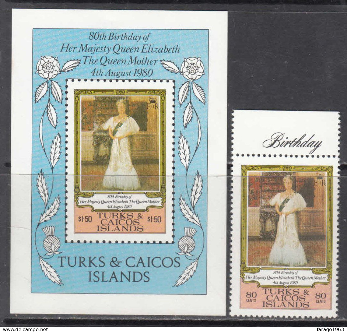 1980 Turks & Caicos Queen Mother Royalty Complete Set Of 1 + Souvenir Sheet  MNH - Turks & Caicos