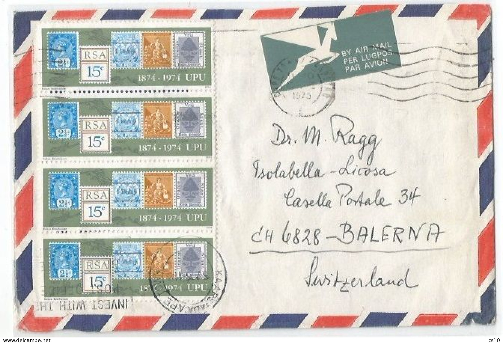South Africa AirmailCV Capetown15feb1975 X Suisse With Strip4 UPU C.15 = Rate C.60 - Storia Postale