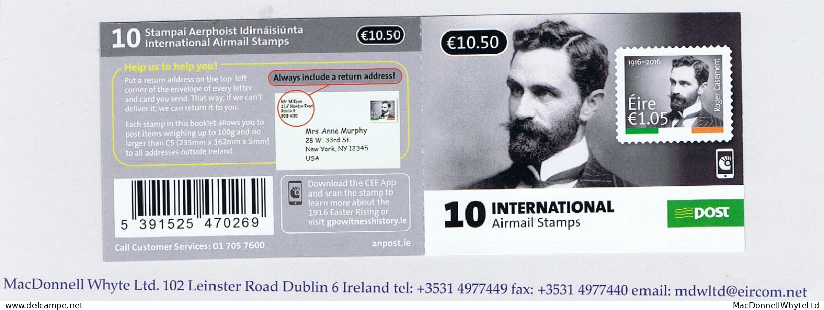 Ireland 2016 Rising Airmail 10.50 Booklet With €1.05 Roger Casement Self-adhesive X 10, Complete Mint - Postzegelboekjes