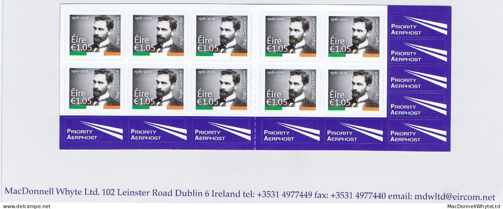 Ireland 2016 Rising Airmail 10.50 Booklet With €1.05 Roger Casement Self-adhesive X 10, Complete Mint - Booklets